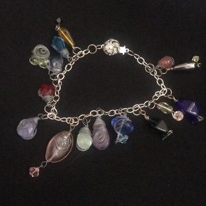 Vintage glass beads charm silver tone bracelet